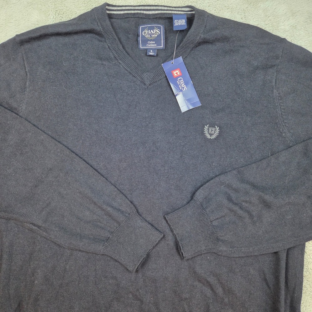 Chaps Cashmere Cotton V-Neck Sweater Mens L Embroidered Logo Long Sleeve Navy